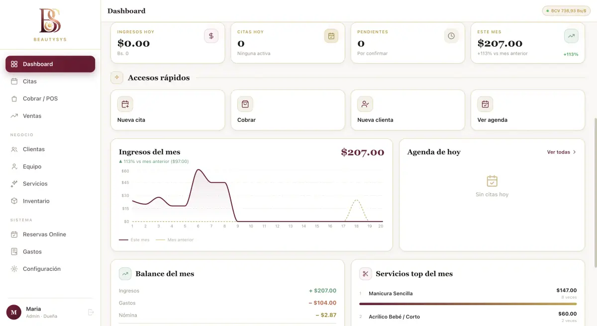 BeautySys: panel del salón y reserva en línea en el teléfono