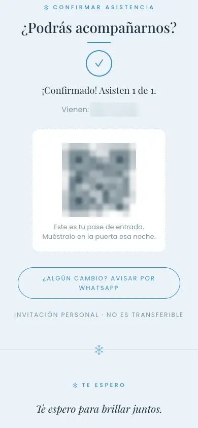 Asistencia confirmada con el pase de entrada en QR (invitado y código pixelados)