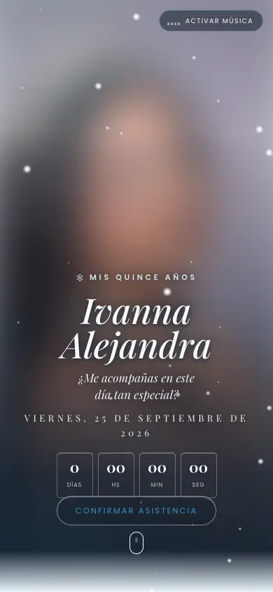 Portada de la invitación: "Ivanna Alejandra", fecha, cuenta regresiva y botón Confirmar asistencia (foto desenfocada)
