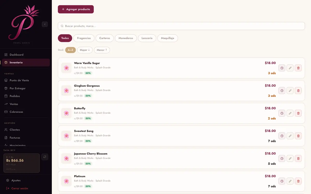 Inventario con costo, margen y unidades por producto