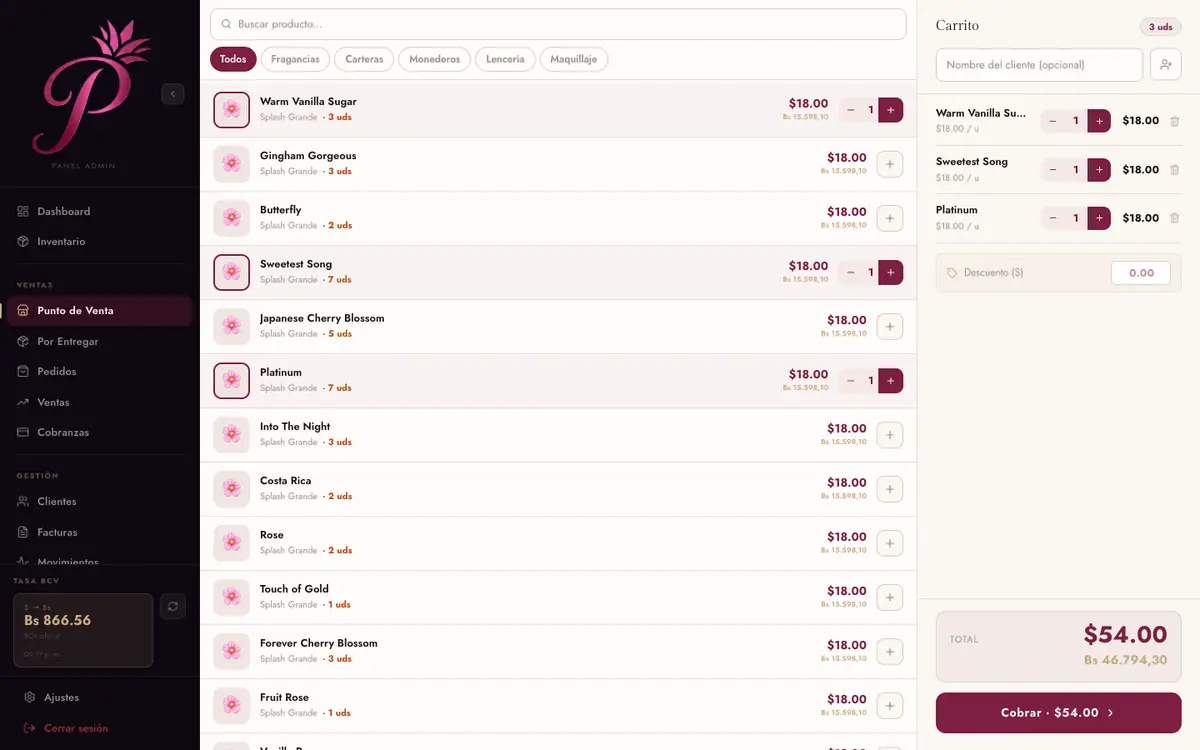 Punto de venta: productos con precio en USD y Bs y carrito con total (datos de ejemplo)