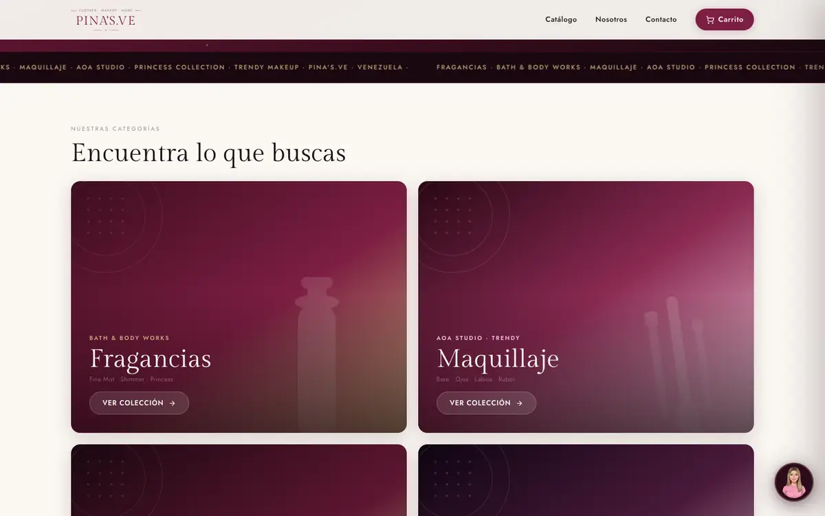 Sección «Encuentra lo que buscas» con las categorías Fragancias, Maquillaje, Carteras y Monederos