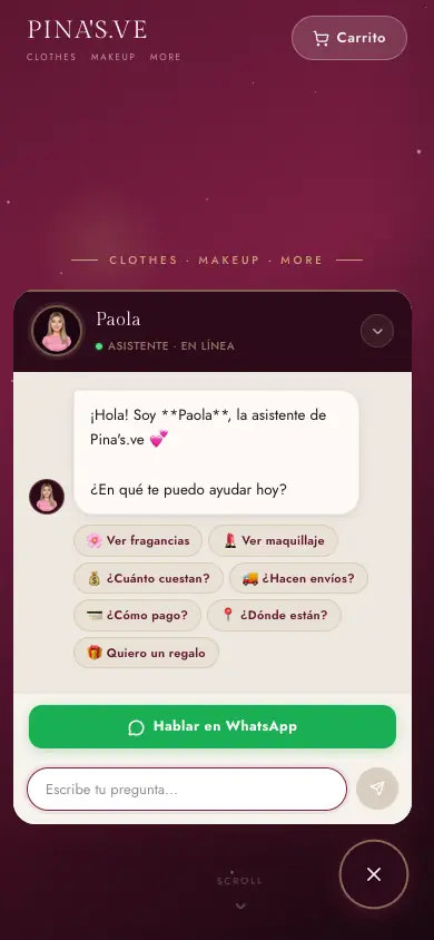 Chat de Paola con botones: ver fragancias, ver maquillaje, ¿cuánto cuestan?, ¿hacen envíos?