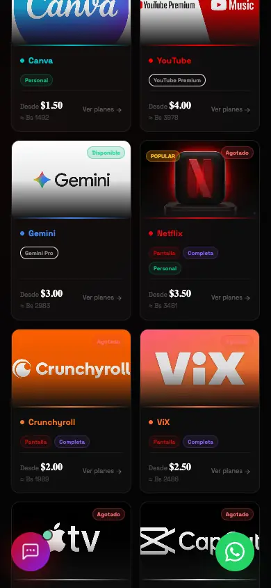 Catálogo de plataformas con su tipo de cuenta, precio en USD y en Bs y disponibilidad