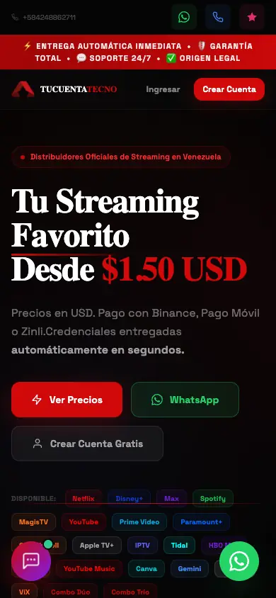 Portada de TuCuentaTecno: «Tu streaming favorito desde $1.50 USD», pago con Binance, Pago Móvil o Zinli