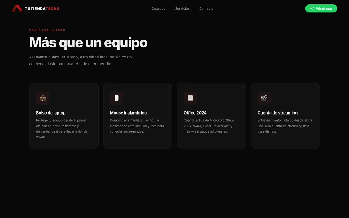 Sección «Más que un equipo»: bolso, mouse inalámbrico, Office 2024 y cuenta de streaming incluidos