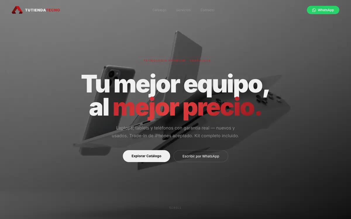 Portada de TuTiendaTecno: «Tu mejor equipo, al mejor precio», con botones para ver el catálogo y escribir por WhatsApp